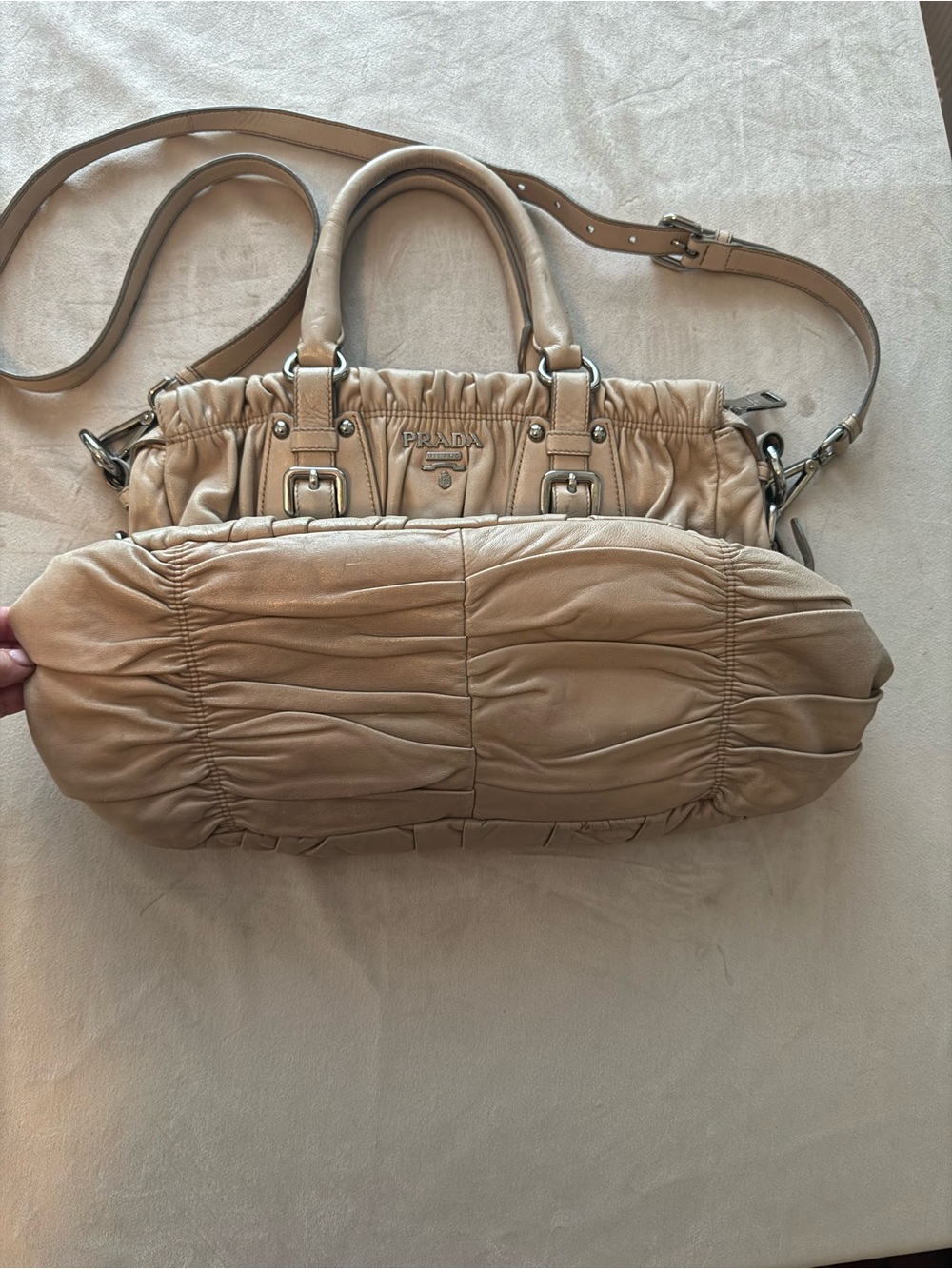 Prada Nappa Gaufré Convertible Satchel Bag in Cameo Beige with Crossbody Strap - Picture 8 of 16